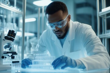 Fototapete - The scientist focuses on precise work in the laboratory, carefully managing test tubes and samples while ensuring safety protocols. Generative AI