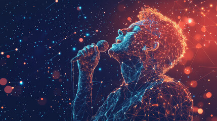Poster - A stylized image of a man singing,set against a background that looks like a starry sky.The image uses dots,lines, and shapes to represent planets, stars, and the vastness of space.low poly wireframe.