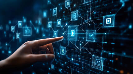 Poster - A hand reaches out to touch a digital blockchain icon, represented by connected cubes. This futuristic scene suggests the interaction between humans and the metaverse, a world of digital technology.