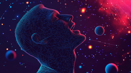 Poster - A stylized image of a man singing,set against a background that looks like a starry sky.The image uses dots,lines, and shapes to represent planets, stars, and the vastness of space.low poly wireframe.