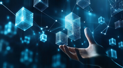 Poster - A hand reaches out to touch a digital blockchain icon, represented by connected cubes. This futuristic scene suggests the interaction between humans and the metaverse, a world of digital technology.