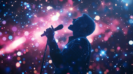 Poster - A stylized image of a man singing,set against a background that looks like a starry sky.The image uses dots,lines, and shapes to represent planets, stars, and the vastness of space.low poly wireframe.