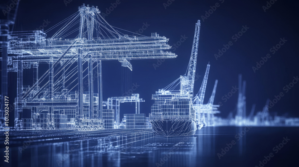 A modern seaport with digital details. A 3D ship, crane, and containers ...