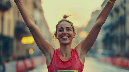 Image of happy female runners while participating in a marathon. Female athlete crossing the finish line.