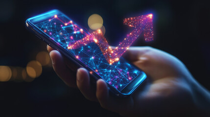 Poster - A person holds a phone showing a glowing arrow pointing up. It symbolizes the fast growth of the internet and digital world. The image uses a simple, modern style.low poly wireframe.