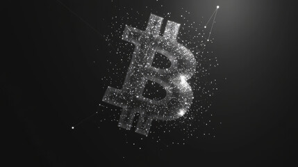 Poster - A simple, low-poly design of a Bitcoin, looking like a constellation of stars against a dark background.low poly wireframe.