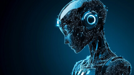 Poster - A futuristic blue background shows a 3D robot made of lines and dots. The robot has an AI chip and chatbot, and it's designed in a way that makes it look like it's leaning forward.low poly wireframe.