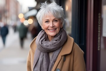 Portrait of a happy senior woman in the city street on a winter day