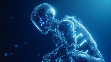 Poster - A futuristic blue background shows a 3D robot made of lines and dots. The robot has an AI chip and chatbot, and it's designed in a way that makes it look like it's leaning forward.low poly wireframe.