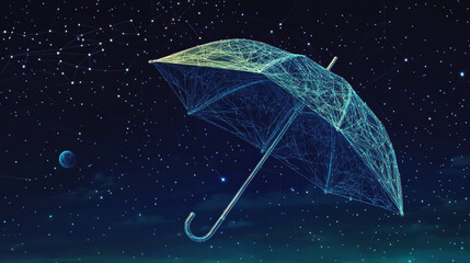 Poster - A simple drawing of an umbrella, but instead of a regular design, it looks like the night sky. You can see stars, planets, and lines like those in the universe.low poly wireframe.