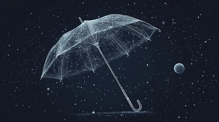 Poster - A simple drawing of an umbrella, but instead of a regular design, it looks like the night sky. You can see stars, planets, and lines like those in the universe.low poly wireframe.
