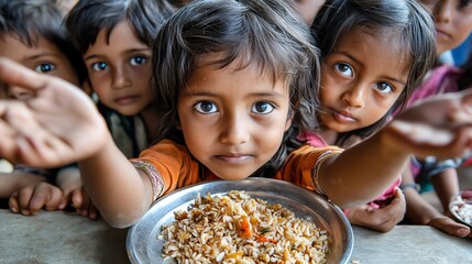 A group of children eagerly reaching for food, showcasing the innocence and vulnerability of childhood in a heartfelt scene.