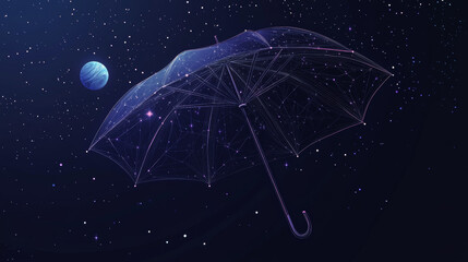 Poster - A simple drawing of an umbrella, but instead of a regular design, it looks like the night sky. You can see stars, planets, and lines like those in the universe.low poly wireframe.