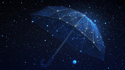 Poster - A simple drawing of an umbrella, but instead of a regular design, it looks like the night sky. You can see stars, planets, and lines like those in the universe.low poly wireframe.