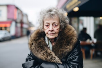 Portrait of an elderly woman in a fur coat on the street