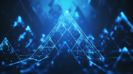 Poster - A blue, futuristic arrow points upwards, forming a pyramid shape. This symbolizes business growth and progress in a digital world.low poly wireframe.
