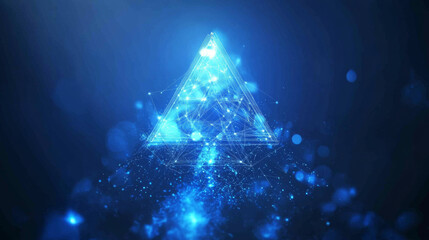 Poster - A blue, futuristic arrow points upwards, forming a pyramid shape. This symbolizes business growth and progress in a digital world.low poly wireframe.