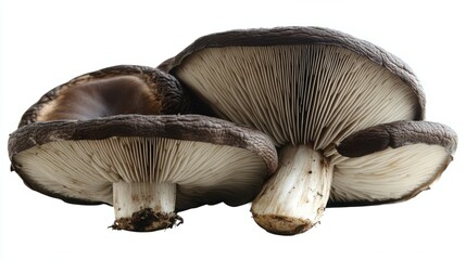 Fresh portobello mushrooms with wide, flat caps and thick stems, isolated on white background