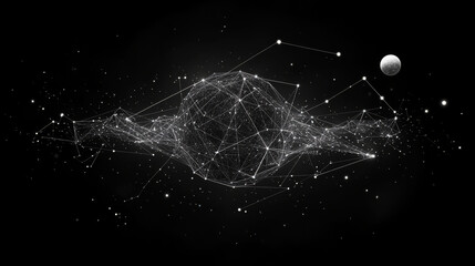 Poster - A simple, graphic image of a pin shaped like the night sky. It's made up of dots, lines, and shapes that look like planets, stars, and the universe.low poly wireframe.