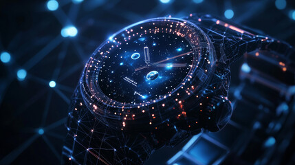 Poster - a futuristic smartwatch design, looking like a starry night sky.made of dots,lines, and shapes that 