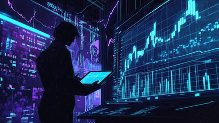 Poster - A futuristic image shows a digital stock exchange, with a trader using a tablet to track rising prices. The illustration emphasizes the potential for investment growth.low poly wireframe.