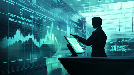Poster - A futuristic image shows a digital stock exchange, with a trader using a tablet to track rising prices. The illustration emphasizes the potential for investment growth.low poly wireframe.