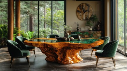 Canvas Print - Elegant dining area featuring a unique wooden table and chairs.