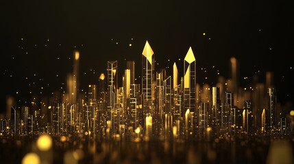 Poster - A city skyline made of simple shapes, glowing with golden dust and sparkling stardust. The dark background makes the gold shimmer even more.low poly wireframe.low poly wireframe.