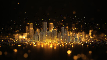 Poster - A city skyline made of simple shapes, glowing with golden dust and sparkling stardust. The dark background makes the gold shimmer even more.low poly wireframe.low poly wireframe.