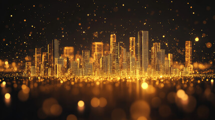 Poster - A city skyline made of simple shapes, glowing with golden dust and sparkling stardust. The dark background makes the gold shimmer even more.low poly wireframe.low poly wireframe.