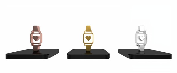 Wall Mural - Colorful Smart watch showing heart beat rate icon isolated on white background. Fitness App concept. Minimalism concept. 3D render illustration