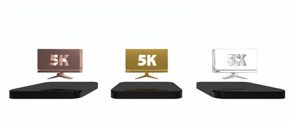 Poster - Colorful Computer PC monitor display with 5k video technology icon isolated on white background. Minimalism concept. 3D render illustration