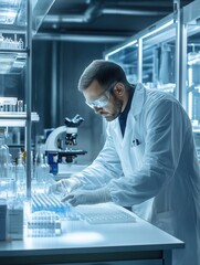 Aufkleber - A scientist, dressed in a lab coat and protective gear, is meticulously working with test tubes and samples in a modern laboratory setting. Generative AI