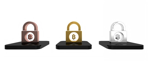 Sticker - Colorful Lock with bitcoin icon isolated on white background. Cryptocurrency mining, blockchain technology, security, protect, digital money. Minimalism concept. 3D render illustration