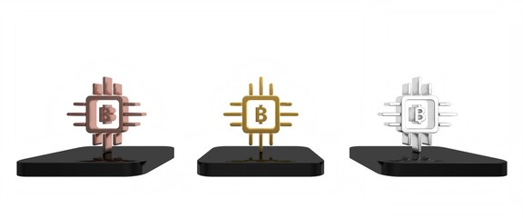 Poster - Colorful CPU mining farm icon isolated on white background. Bitcoin sign inside processor. Cryptocurrency mining community. Digital money. Minimalism concept. 3D render illustration