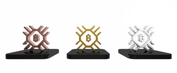Poster - Colorful CPU mining farm icon isolated on white background. Bitcoin sign inside processor. Cryptocurrency mining community. Digital money. Minimalism concept. 3D render illustration