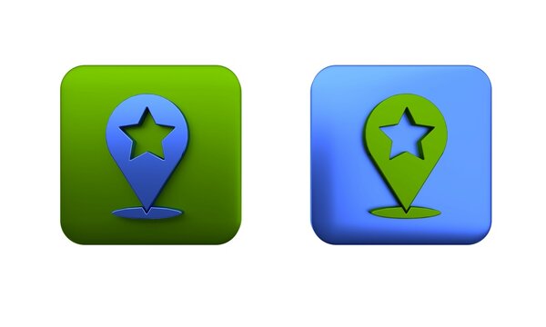 Colorful Map pointer with star icon isolated on white background. Star favorite pin map icon. Map markers. Square button. 3D render illustration