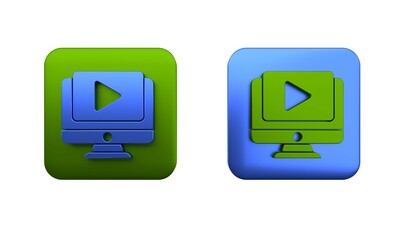 Poster - Colorful Online play video icon isolated on white background. Computer monitor and film strip with play sign. Square button. 3D render illustration