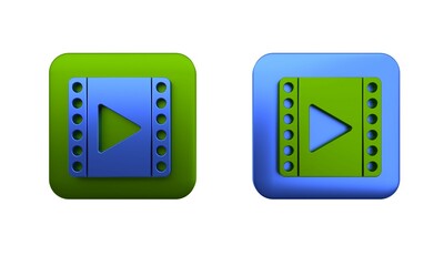 Poster - Colorful Play Video icon isolated on white background. Film strip sign. Square button. 3D render illustration