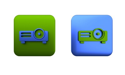 Poster - Colorful Presentation, movie, film, media projector icon isolated on white background. Square button. 3D render illustration