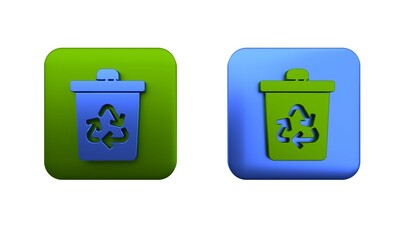 Poster - Colorful Recycle bin with recycle symbol icon isolated on white background. Trash can icon. Garbage bin sign. Recycle basket sign. Square button. 3D render illustration