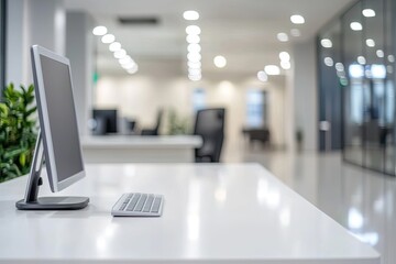 Minimalist white desk with a computer and office background, blurred business center interior in the blurred background. Mockup for design or presentation