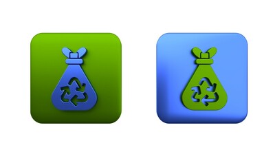 Poster - Colorful Garbage bag with recycle symbol icon isolated on white background. Trash can icon. Recycle basket sign. Square button. 3D render illustration