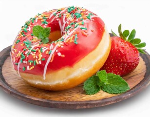 Sweet strawberry glazed donuts with sprinkles on white background