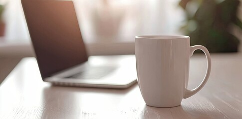 Wall Mural - Minimalist white office desk with laptop and coffee mug on a blurred background, with space for text, representing the concept of working from home