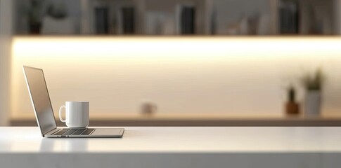 Poster - Minimalist white office desk with laptop and coffee mug on a blurred background, with space for text, representing the concept of working from home