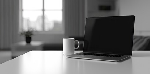 Poster - Minimalist white office desk with laptop and coffee mug on a blurred background, with space for text, representing the concept of working from home
