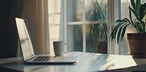 Poster - Minimalist white office desk with laptop and coffee mug on a blurred background, with space for text, representing the concept of working from home