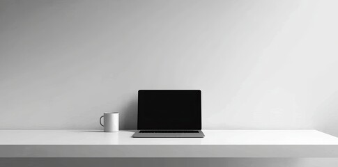 Poster - Minimalist white office desk with laptop and coffee mug on a blurred background, with space for text, representing the concept of working from home