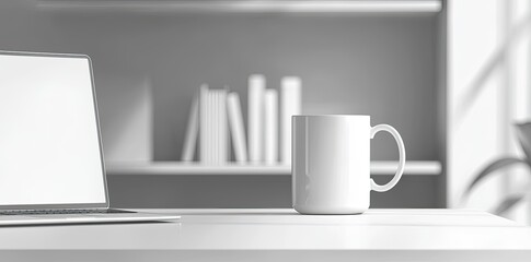 Poster - Minimalist white office desk with laptop and coffee mug on a blurred background, with space for text, representing the concept of working from home